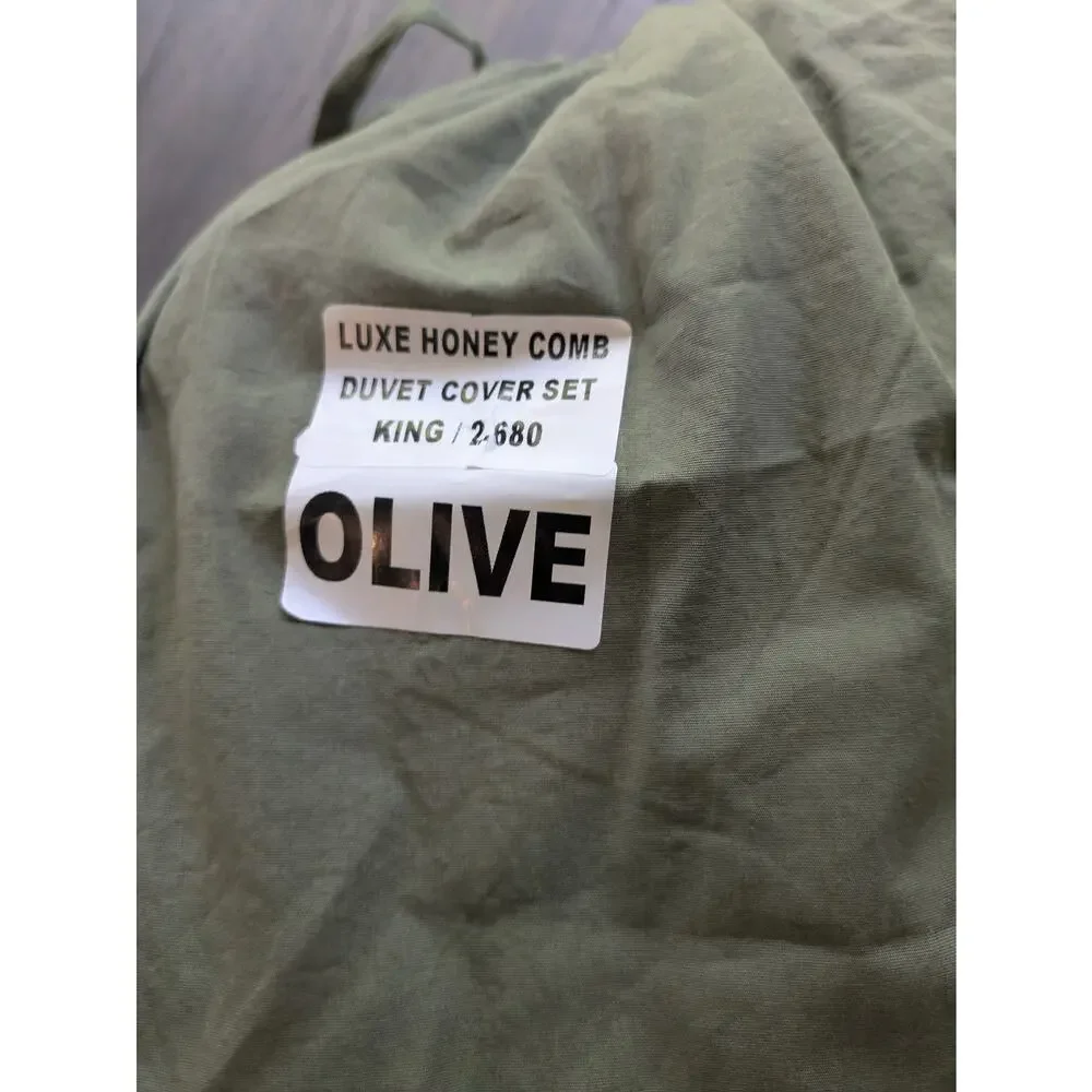 Quince KING Organic Luxe Honeycomb Duvet Cover Set + Shams Olive Green NEW